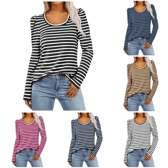 Trendfront Womens Striped T Shirts Scoop Neck Long Puff Sleeve Classic Pattern Slim Fit Casual Fall Winter Tee Tops