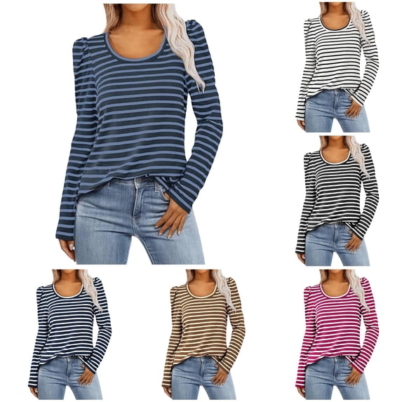 Trendfront Womens Striped T Shirts Scoop Neck Long Puff Sleeve Classic Pattern Slim Fit Casual Fall Winter Tee Tops