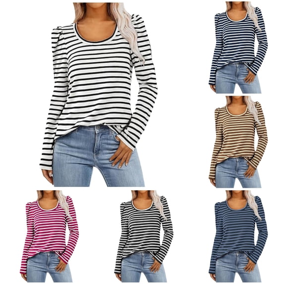 Trendfront Womens Striped T Shirts Scoop Neck Long Puff Sleeve Classic Pattern Slim Fit Casual Fall Winter Tee Tops
