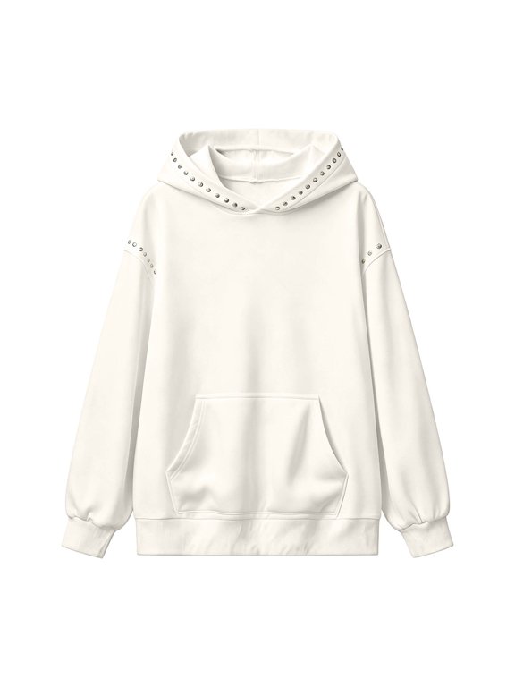 Womens Studded Hoodies Solid Drop Shoulder Long Sleeve Sweatshirt Front Pouch Pocket Banded Hem Relaxed Pullover Top