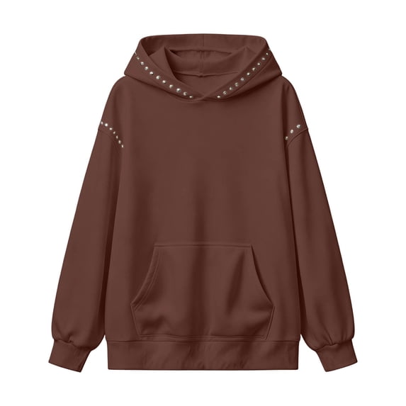 Trendfront Womens Studded Hoodies Solid Long Sleeve Hooded Sweatshirt Kangaroo Pocket Drop Shoulder Ribbed Casual Pullover Top