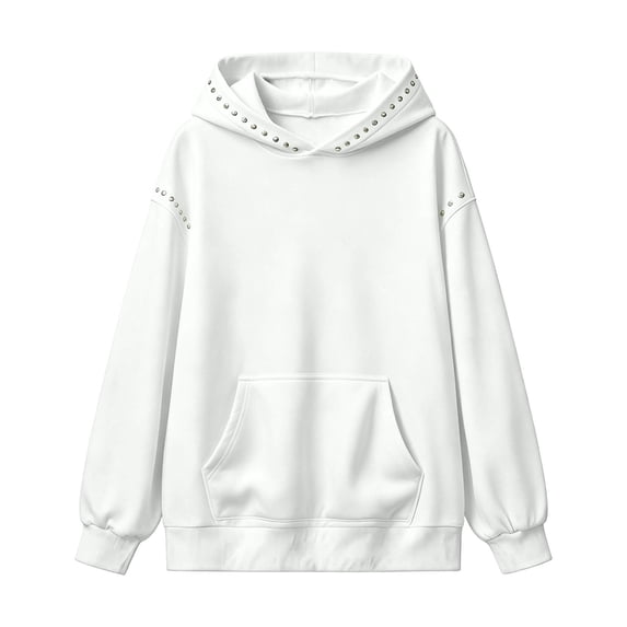 Trendfront Womens Studded Hoodies Solid Long Sleeve Hooded Sweatshirt Kangaroo Pocket Drop Shoulder Ribbed Casual Pullover Top