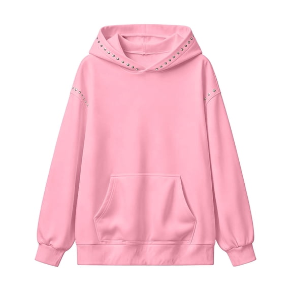 Trendfront Womens Studded Hoodies Solid Long Sleeve Hooded Sweatshirt Kangaroo Pocket Drop Shoulder Ribbed Casual Pullover Top