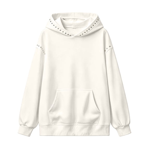 Trendfront Womens Studded Hoodies Solid Long Sleeve Hooded Sweatshirt Kangaroo Pocket Drop Shoulder Ribbed Casual Pullover Top