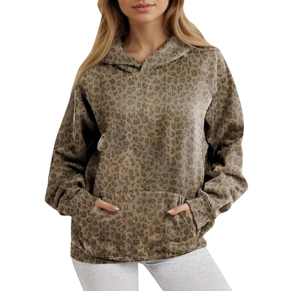 Trendfront Womens Subtle Leopard Print Pullover Hoodie Cheetah Print Style Long Sleeve Drawstring Hood Kangaroo Pocket Casual Fall Sweatshirts