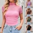 thumbnail image 1 of Trendfront Womens Summer 2026 High Neck Short Sleeve Tops Solid Color Plain Sheer Style Tees Y2K Fashion Apparel Wear T-Shirts, 1 of 9