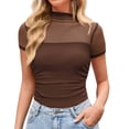 thumbnail image 1 of Trendfront Womens Summer 2026 High Neck Short Sleeve Tops Solid Color Plain Sheer Style Tees Y2K Fashion Apparel Wear T-Shirts, 1 of 8