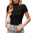 thumbnail image 1 of Trendfront Womens Summer 2026 High Neck Short Sleeve Tops Solid Color Plain Sheer Style Tees Y2K Fashion Apparel Wear T-Shirts, 1 of 8