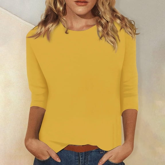 Trendfront Womens Summer Crew Neck 3/4 Sleeve T-Shirts Solid Color Plain Basic Style Tees Regular Fit Everyday Apparel Tops