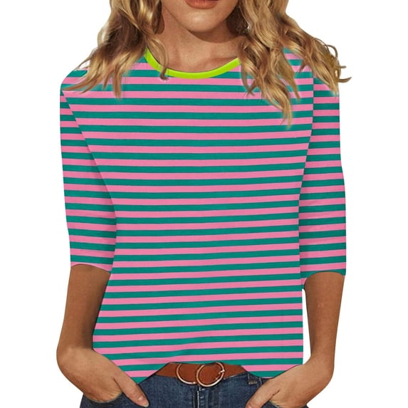 Trendfront Womens Summer Crew Neck 3/4 Sleeve Tops Casual Classic Stripe Pattern Printed Tees Fashionable Everyday Style Apparel T-Shirts