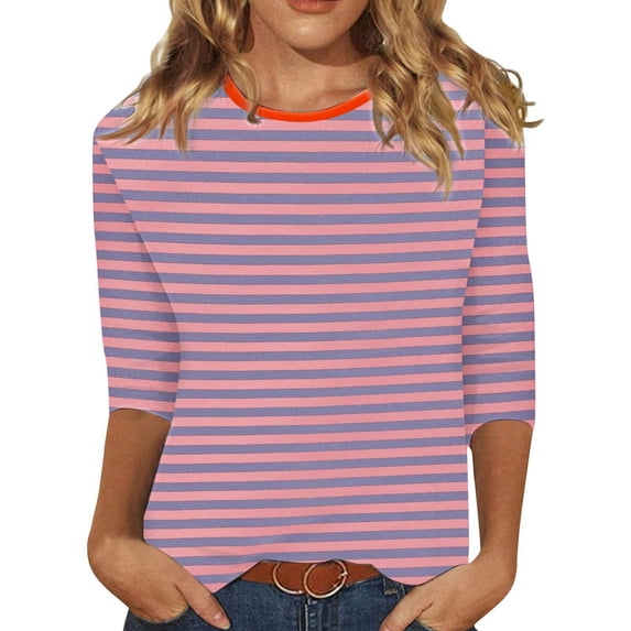 Trendfront Womens Summer Crew Neck 3/4 Sleeve Tops Casual Classic Stripe Pattern Printed Tees Fashionable Everyday Style Apparel T-Shirts
