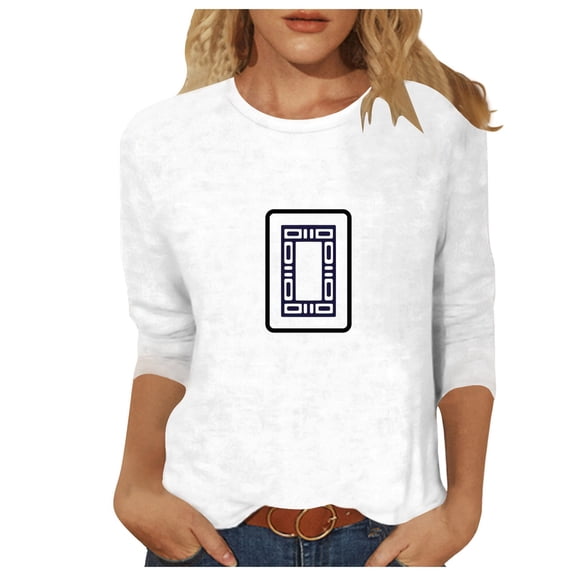 Trendfront Womens Summer Crew Neck 3/4 Sleeve Tops Sparrow Mahjong Graphic Pattern Tees Printed Casual Fashion Style Wear T-Shirts