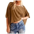 thumbnail image 1 of Trendfront Womens Summer Crew Neck Elbow Sleeve Tops Oversized Loose Fit Solid Color Tees Plain Cropped Casual Fashion T-Shirts, 1 of 8
