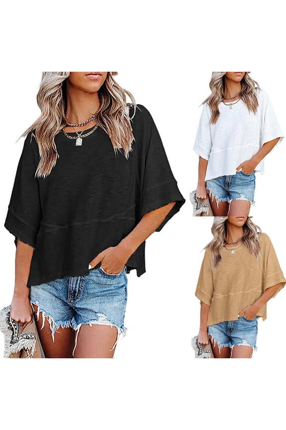 Womens Summer Crew Neck Elbow Sleeve Tops Solid Color Plain Design Style Tees Casual Fashion Everyday Apparel T-Shirts