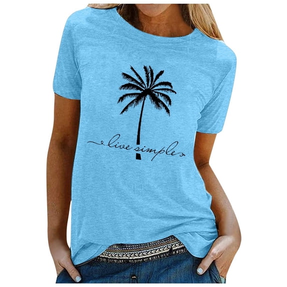 Trendfront Womens Summer Crew Neck Short Sleeve Tops Beach Hawaii Style Coconut Tree Tees Palm Print Casual Vacation Wear T-Shirts