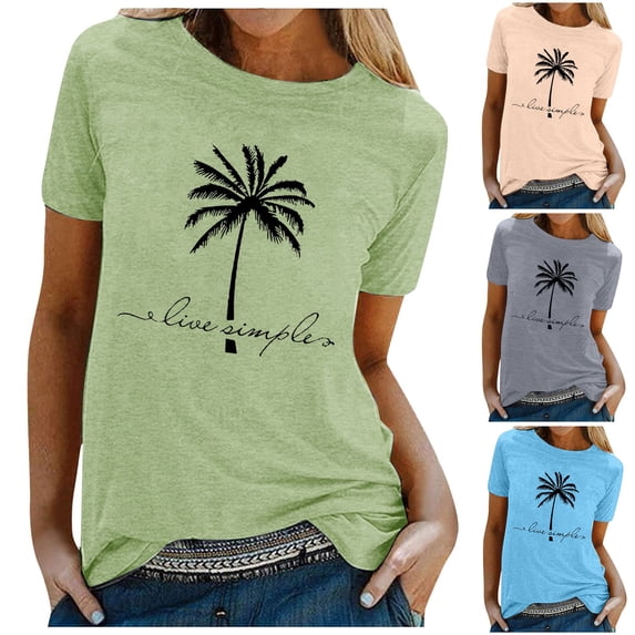 Trendfront Womens Summer Crew Neck Short Sleeve Tops Beach Hawaii Style Coconut Tree Tees Palm Print Casual Vacation Wear T-Shirts