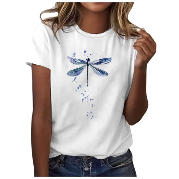 Trendfront Womens Summer Crew Neck Short Sleeve Tops Butterfly Insect Graphic Print Tees Casual Fashionable Style Apparel T-Shirts