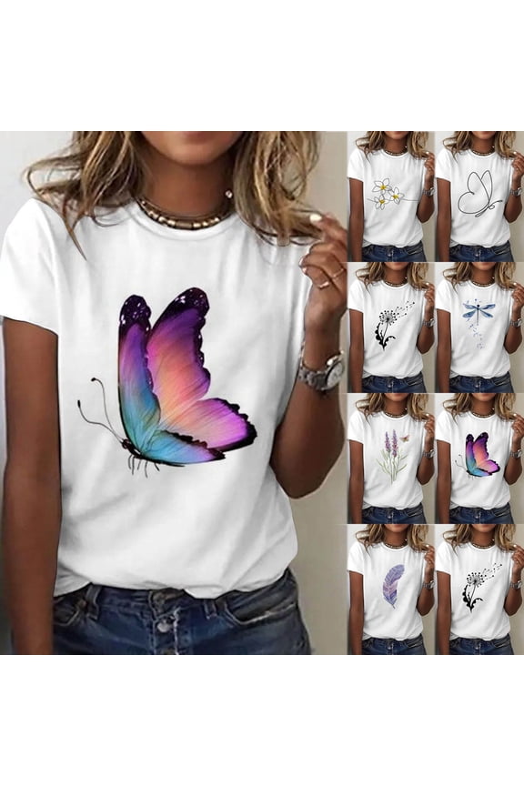 Womens Summer Crew Neck Short Sleeve Tops Butterfly Insect Graphic Print Tees Casual Fashionable Style Apparel T-Shirts