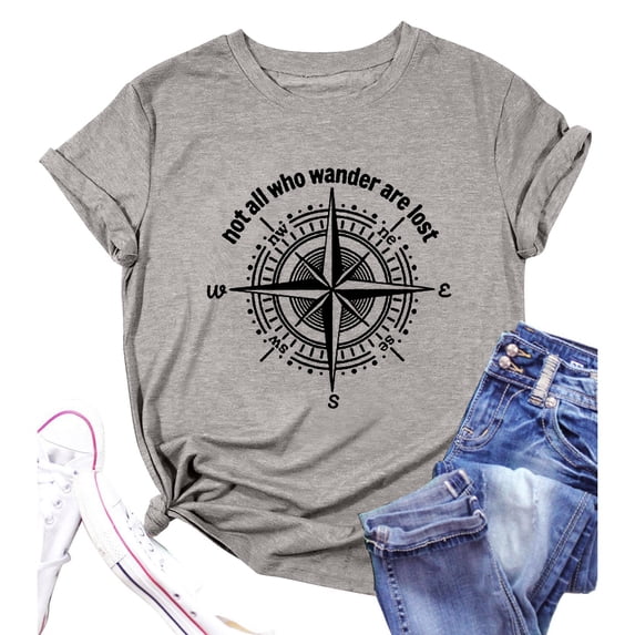 Trendfront Womens Summer Crew Neck Short Sleeve Tops Compass Navigation Graphic Print Tees Casual Fashion Style Apparel T-Shirts
