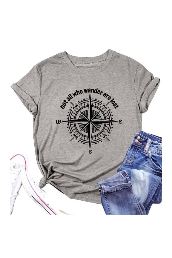 Womens Summer Crew Neck Short Sleeve Tops Compass Navigation Graphic Print Tees Casual Fashion Style Apparel T-Shirts