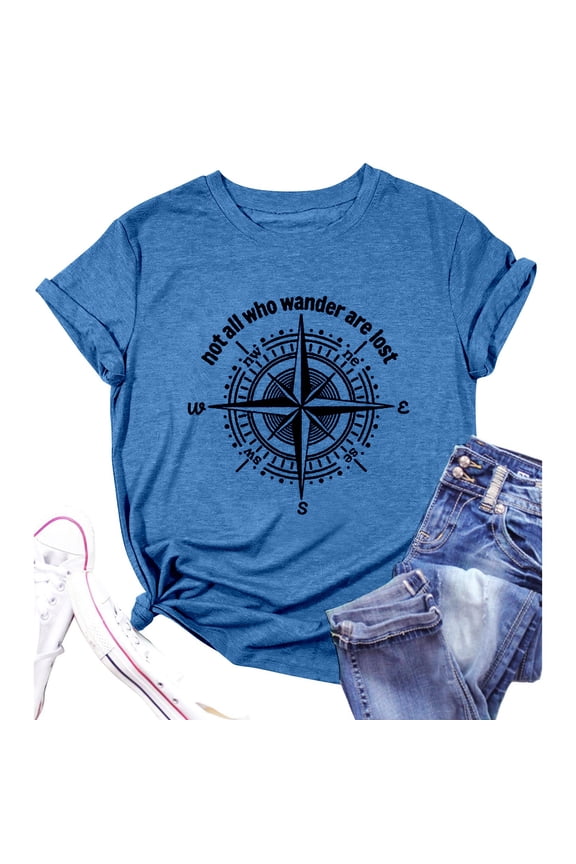 Womens Summer Crew Neck Short Sleeve Tops Compass Navigation Graphic Print Tees Casual Fashion Style Apparel T-Shirts