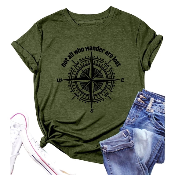 Trendfront Womens Summer Crew Neck Short Sleeve Tops Compass Navigation Graphic Print Tees Casual Fashion Style Apparel T-Shirts