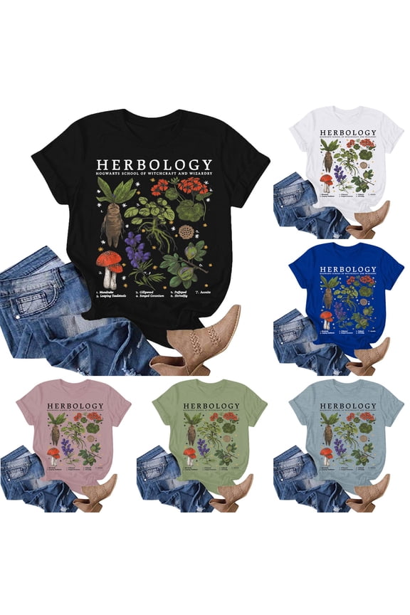 Womens Summer Crew Neck Short Sleeve Tops Cropped Length Botanical Tees Graphic Pattern Printed Fashion T-Shirts