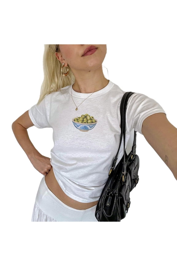 Womens Summer Crew Neck Short Sleeve Tops Cropped Length Pattern Tees Graphic Artwork Printed Fashion T-Shirts
