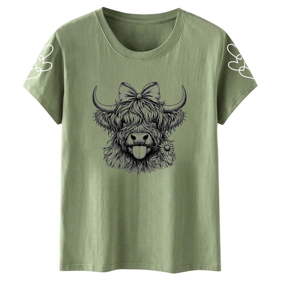 Trendfront Womens Summer Crew Neck Short Sleeve Tops Cute Cow Animal Pattern Print Tees Casual Holiday Vacation Wear T-Shirts
