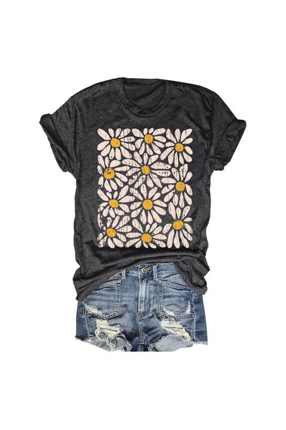 Womens Summer Crew Neck Short Sleeve Tops Daisy Floral Flower Pattern Print Tees Casual Everyday Style Apparel T-Shirts