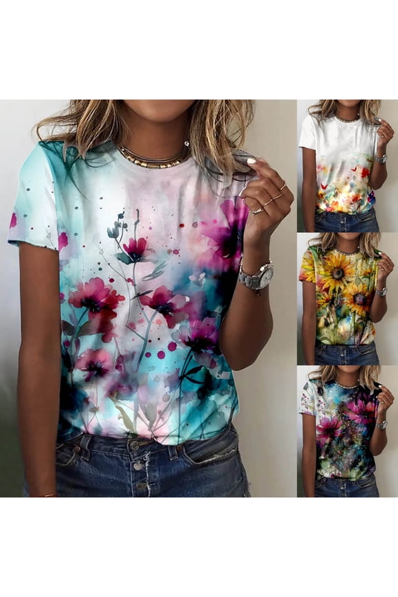 Womens Summer Crew Neck Short Sleeve Tops Flower Floral Graphic Pattern Tees Printed Casual Fashionable Style T-Shirts