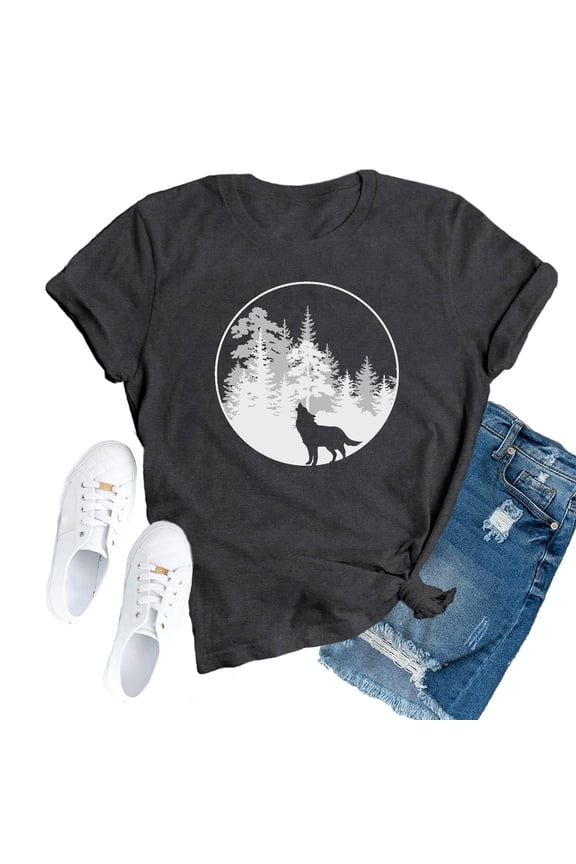 Womens Summer Crew Neck Short Sleeve Tops Forest Wolf King Animal Graphic Print Tees Casual Everyday Apparel T-Shirts