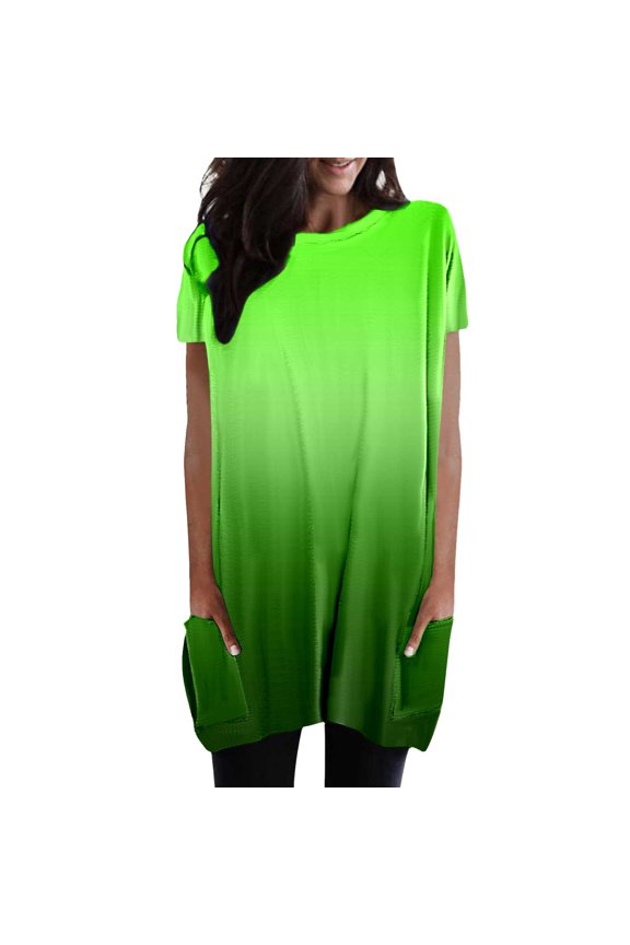 Womens Summer Crew Neck Short Sleeve Tops Longline Style Pocket Detail Tees Simple Gradient Ombre Pattern Print T-Shirts