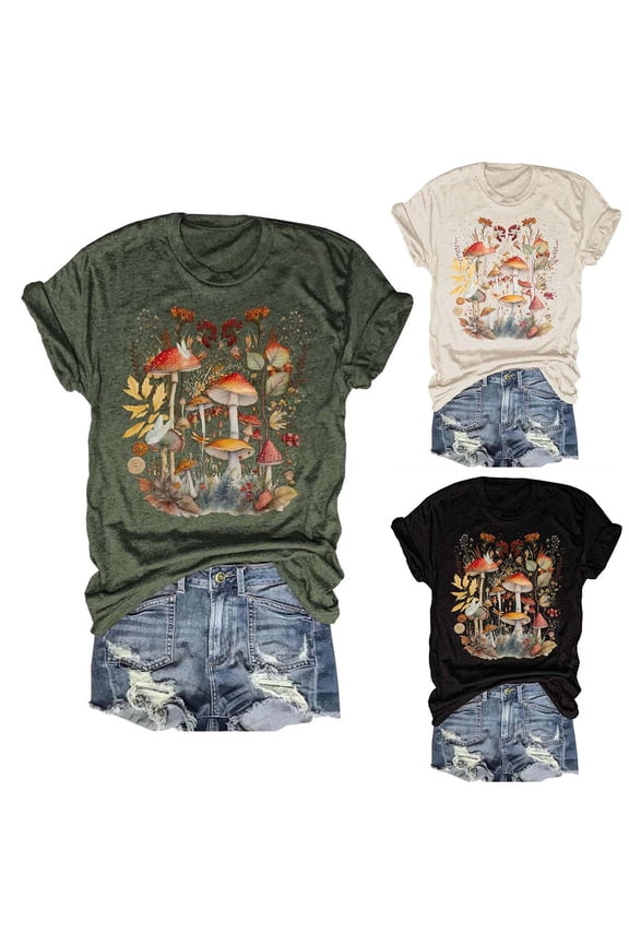 Womens Summer Crew Neck Short Sleeve Tops Mushroom Graphic Pattern Printed Tees Casual Fashionable Style Apparel T-Shirts