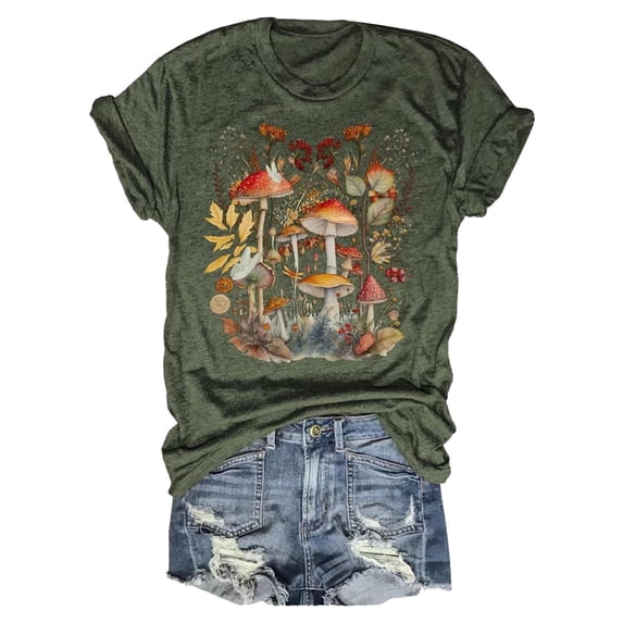 Trendfront Womens Summer Crew Neck Short Sleeve Tops Mushroom Graphic Pattern Printed Tees Casual Fashionable Style Apparel T-Shirts