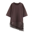 thumbnail image 1 of Trendfront Womens Summer Crew Neck Short Sleeve Tops Openwork Detail Patchwork Tees Solid Color Plain Style T-Shirts, 1 of 3