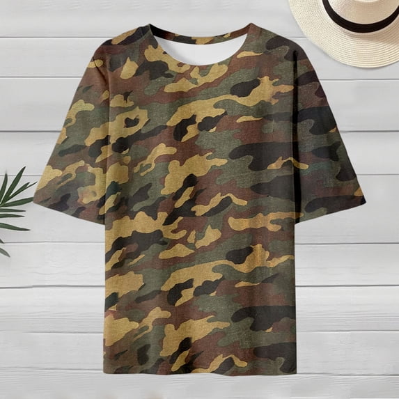 Trendfront Womens Summer Crew Neck Short Sleeve Tops Oversized Camo Pattern Tees Graphic Printed Casual Wear T-Shirts