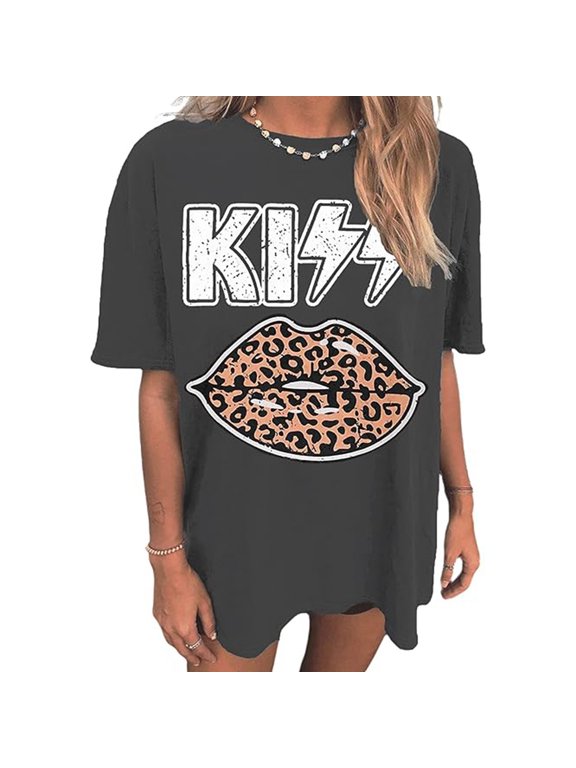 Womens Summer Crew Neck Short Sleeve Tops Oversized Loose Fit Leopard Lips Tees Graphic Pattern Printed Fashion Wear T-Shirts