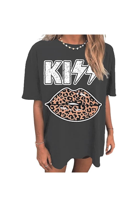 Womens Summer Crew Neck Short Sleeve Tops Oversized Loose Fit Leopard Lips Tees Graphic Pattern Printed Fashion Wear T-Shirts