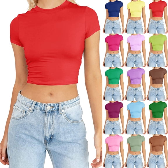 Trendfront Womens Summer Crew Neck Short Sleeve Tops Solid Color Plain Simple Design Tees Casual Everyday Fashion Apparel T-Shirts