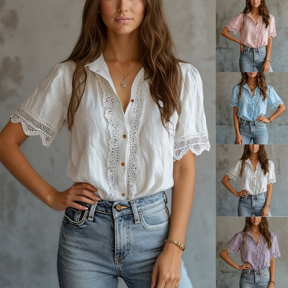 Trendfront Womens Summer Notch Neck Short Sleeve Tops Button Up Openwork Edge Detail Tees Solid Color Plain Casual Style Shirts
