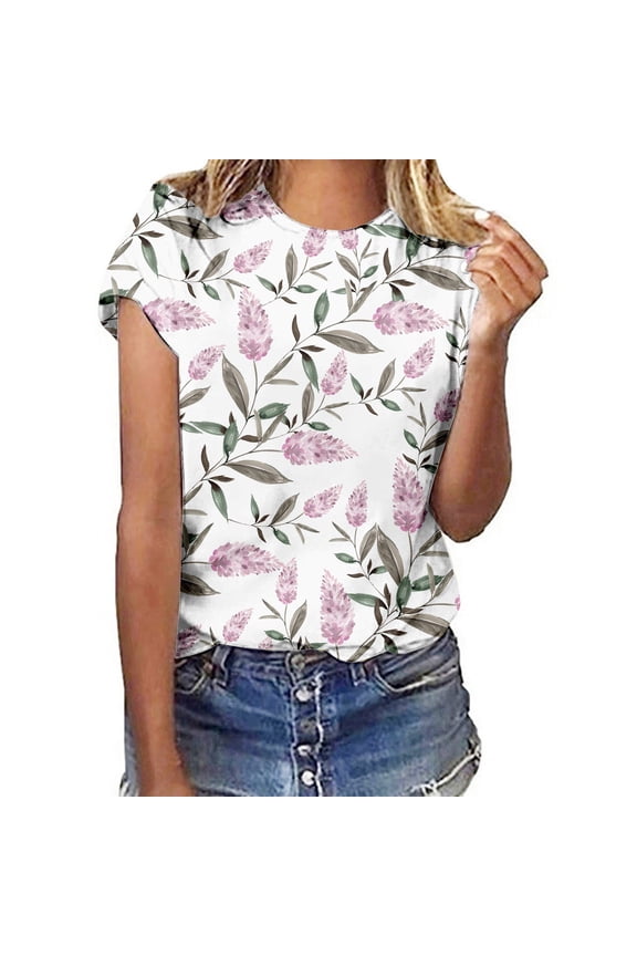 Womens Summer Tops Dressy Casual Tee Short Sleeve Crewneck Shirt Floral Leaf Print T Shirts Trendy Clothing