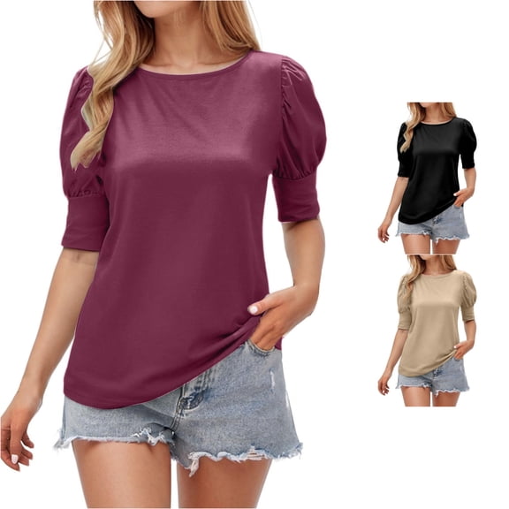 Trendfront Womens Summer Tops Fashion Short Sleeve Crewneck Shirt Puff Sleeve T-Shirts Casual Solid Color Elegant Dressy Blouses