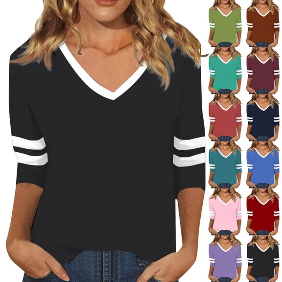 Trendfront Womens Summer V Neck 3/4 Sleeve Tops Classic Stripe Pattern Printed Tees Casual Fashionable Style Apparel T-Shirts
