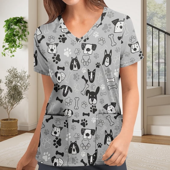 Trendfront Womens Summer V Neck Short Sleeve Tops Dog Animal Graphic Pattern Printed Tees Casual Everyday Style Apparel T-Shirts