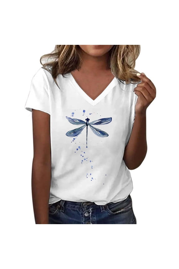Womens Summer V Neck Short Sleeve Tops Dragonfly Insect Graphic Pattern Tees Printed Casual Fashion Apparel T-Shirts
