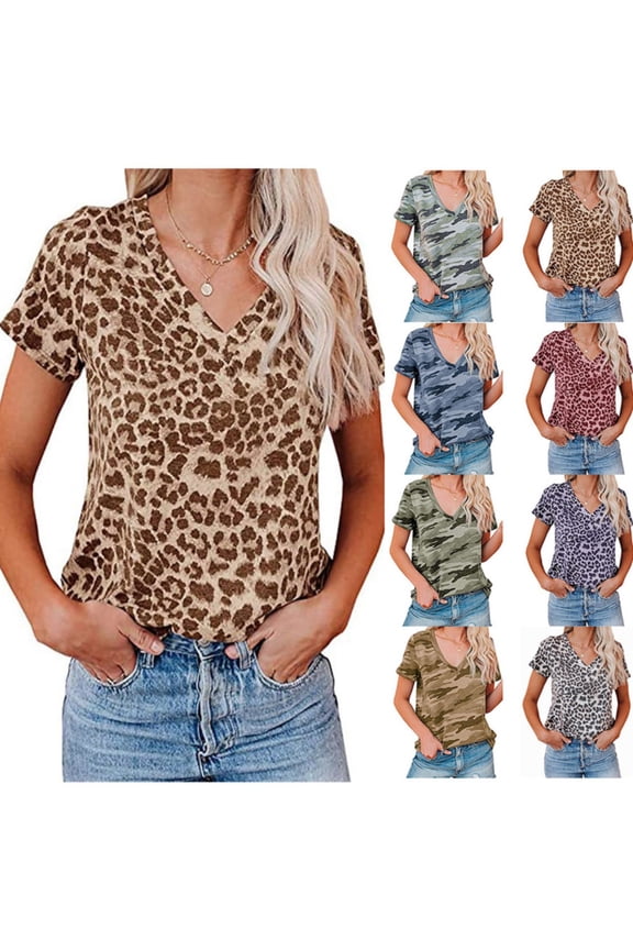 Womens Summer V Neck Short Sleeve Tops Leopard Camouflage Camo Pattern Tees Printed Casual Everyday Apparel T-Shirts