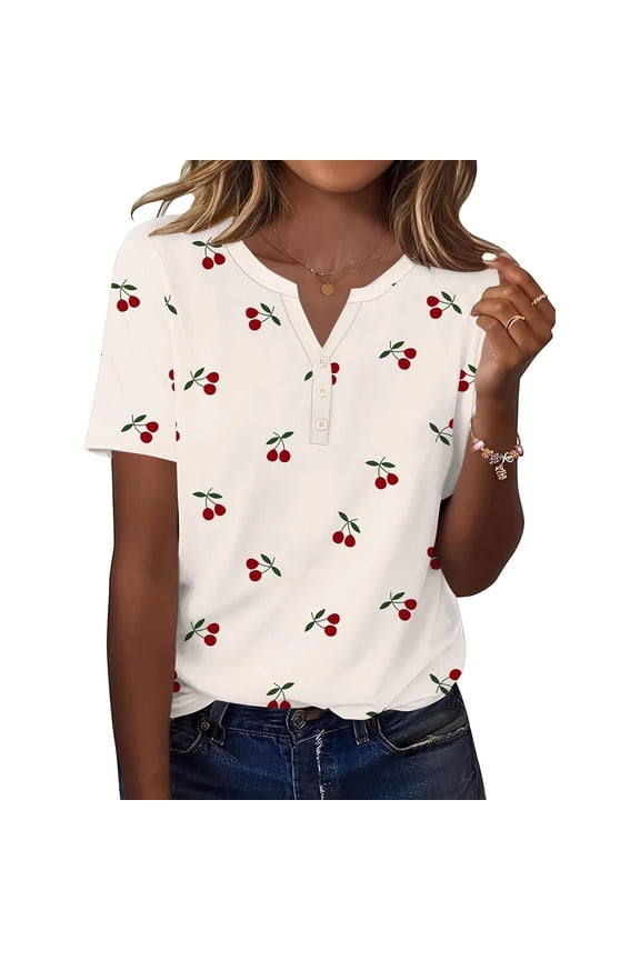 Womens Summer V Neck Short Sleeve Tops Oversized Loose Fit Cherry Tees Fruit Graphic Pattern Printed T-Shirts