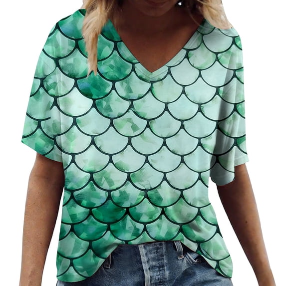 Trendfront Womens Summer V Neck Short Sleeve Tops Oversized Loose Fit Scale Tees Digital Graphic Printed Fashion T-Shirts