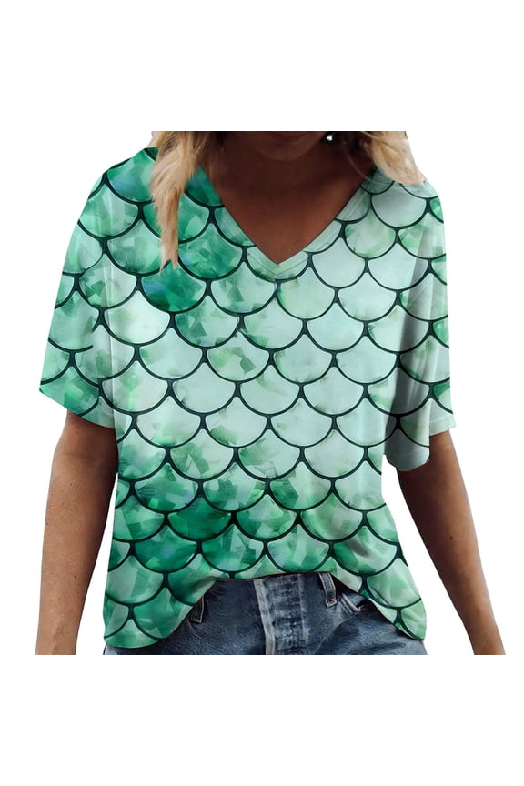 Womens Summer V Neck Short Sleeve Tops Oversized Loose Fit Scale Tees Digital Graphic Printed Fashion T-Shirts